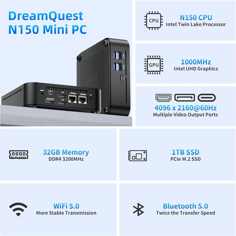 DreamQuest Mini PC W-11 Pro N150 (up to 3.6GHz) 32GB DDR4 RAM 1TB PCIe M.2 SSD Mini Desktop Computer 4K HDMI/DP/USB Type C/WiFi 5/USB3.1/BT5.0/Micro PC for Home & Business