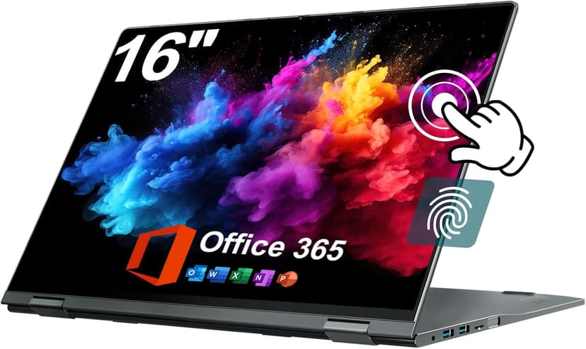 jumper Laptop 16 inch, Convertible Laptop with 1 Year Office 365, 16GB DDR4 640GB Storage, 360 Degree Rotation, Fingerprint Reader, Backlit Keyboard, Celeron N5095, 53.2WH, Type-C Full Function ﻿