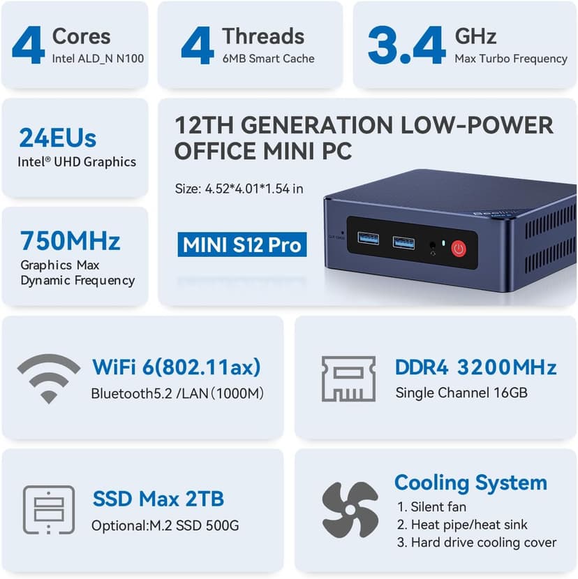 Beelink Mini PC, Mini S12 Pro Intel 12th N100(Up to 3.4GHz), 16GB DDR4 500GB M.2 SSD, Desktop Computers Support 4K Dual HDMI Display/WiFi6/BT5.2/USB3.2/1000Mbps LAN/WOL Home/Office