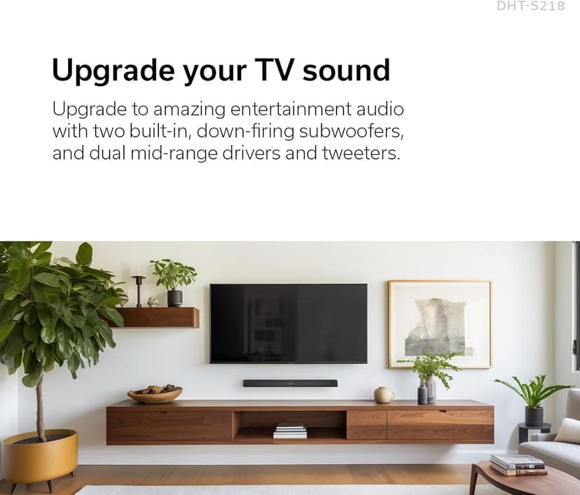 Denon DHT-S218 Sound Bar (Black), 2.1-Channel, 3D Audio with Dolby Atmos, 2 Built-in Subwoofers, Dual Midrange Drivers & Tweeters, 4K UHD HDMI with eARC, Dialog Enhancer, Multi-Pairing & Multi-Point