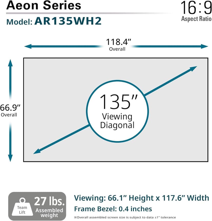 Elite Screens Aeon Series 150” Fixed Frame Projector Screen 16:9, 8K/4K UHD, Edge-Free Design, CineWhite UHD-B, Wall Mounted for Standard, Short & Ultra Short Throw Projectors, Home Theater, AR150WH2