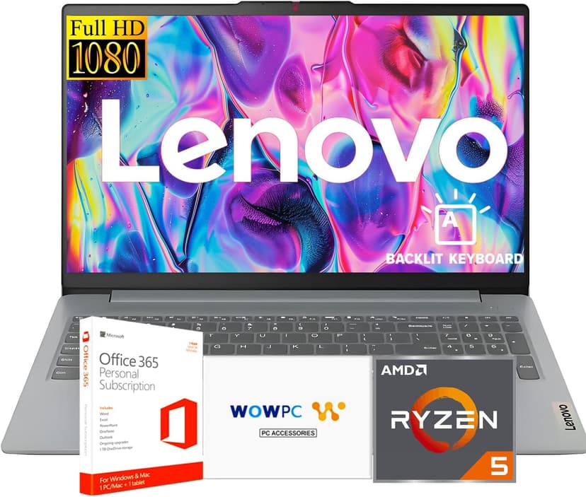 Lenovo Ideapad Slim 3 Laptop for Student & Business with Microsoft Office, Backlit Keyboard, AMD Ryzen 5 5625U (Beats Intel i7-1260U), 15.6" FHD Display, 16GB RAM 512GB SSD, Windows 11 Pro, WOWPC USB
