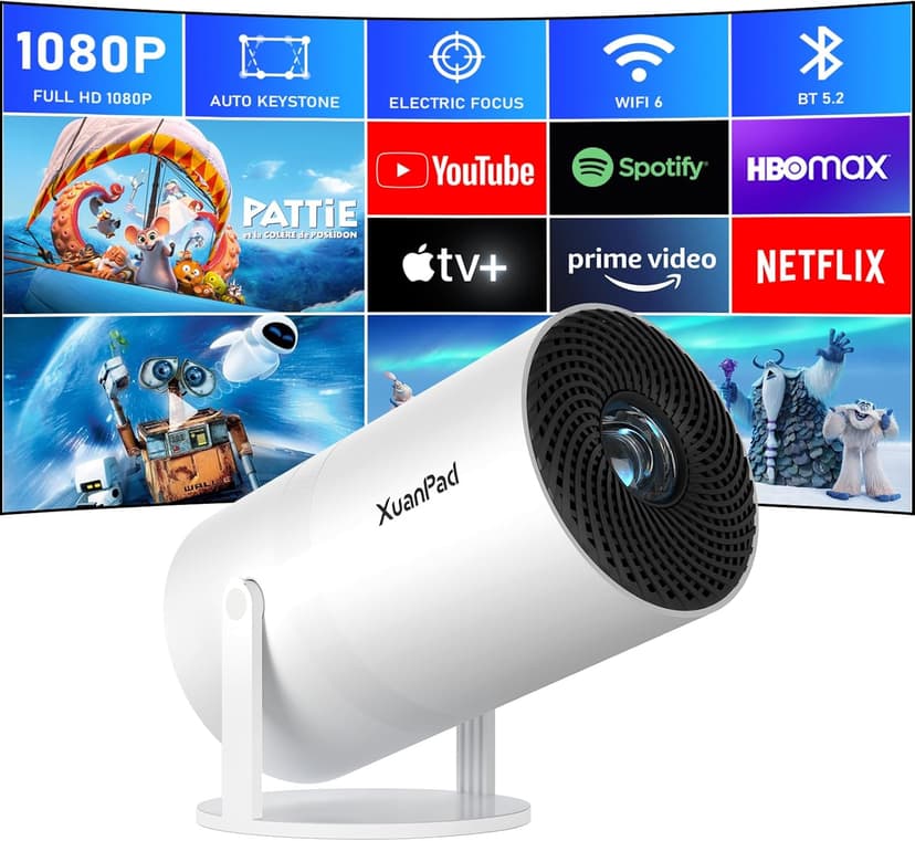 [Netflix Officially & Electric Focus] Mini Projector with WiFi and Bluetooth, XuanPad Full HD 1080P Portable Projector, 210° Rotatable Stand, Auto Keystone, Dust Removal and Heat Dissipation Design