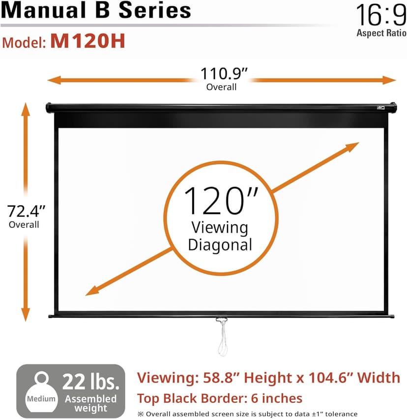 Elite Screens Manual B Series, 120-INCH Pull Down Projector Screen, ISF Certified, Auto-Lock Mechanism, 4K / 8K 3D Ultra HDR HD Ready Home Cinema Theater Gaming, M120H