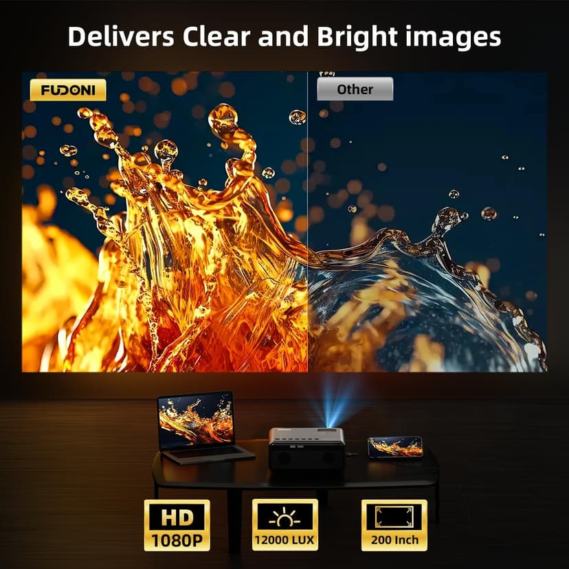 FUDONI Projector with WiFi and Bluetooth 4K Supported, Upgraded Outdoor Movie Projector Native 1080P 12000L,Portable Video Projector for Home Theater,Compatible w/HDMI/USB/iOS/Android/Windows/TV Stick