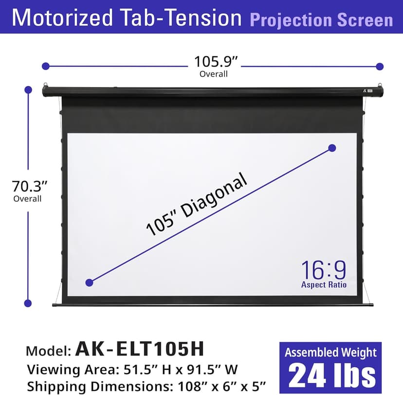 Akia Screens 105 inch Motorized Projector Screen Tensioned 16:9 Retractable Projector Screen Indoor Movie Screen Compatible with UST, Short, Standard Throw Projection for 4K Home Theater, AK-ELT105H
