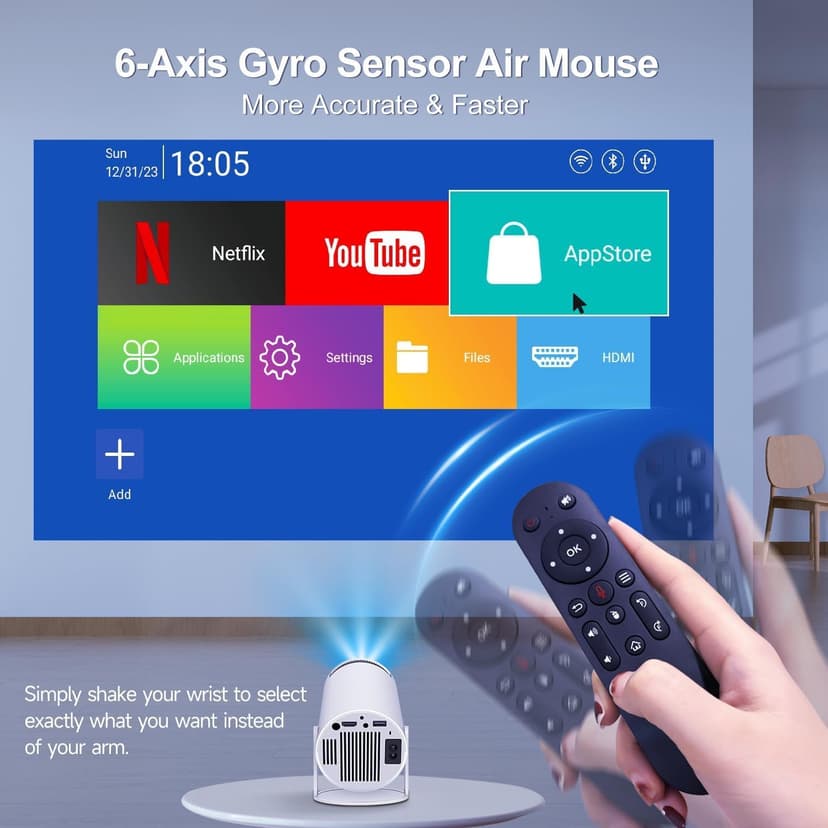 HY300PRO Mini Projector with Wifi and Bluetooth, Portable Projector 4K Support, Auto Keystone, Air Mouse Remote, Voice Control, 180 Degree Rotation Smart Proyector for Outdoor/Bedroom/Movie