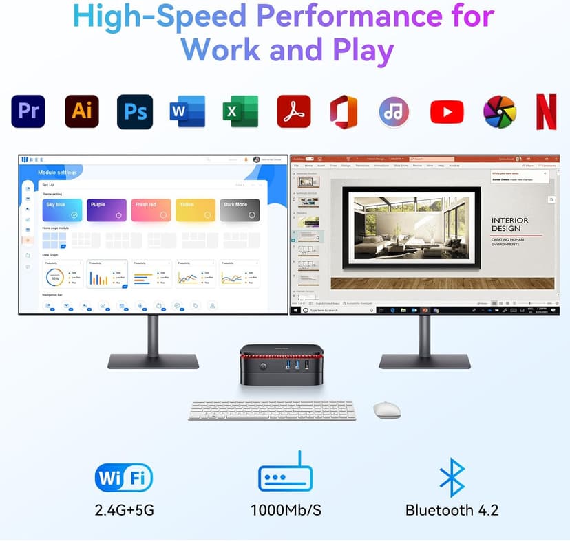 Blackview MP60 Mini PC with 13 Gen Intel N150, 16GB DDR4 512GB M.2 SSD Mini Desktop Computer, 4K Dual Display/2*HDMI, Big Fan+LED Breathing Light+Removable Base, VESA for Home&Office