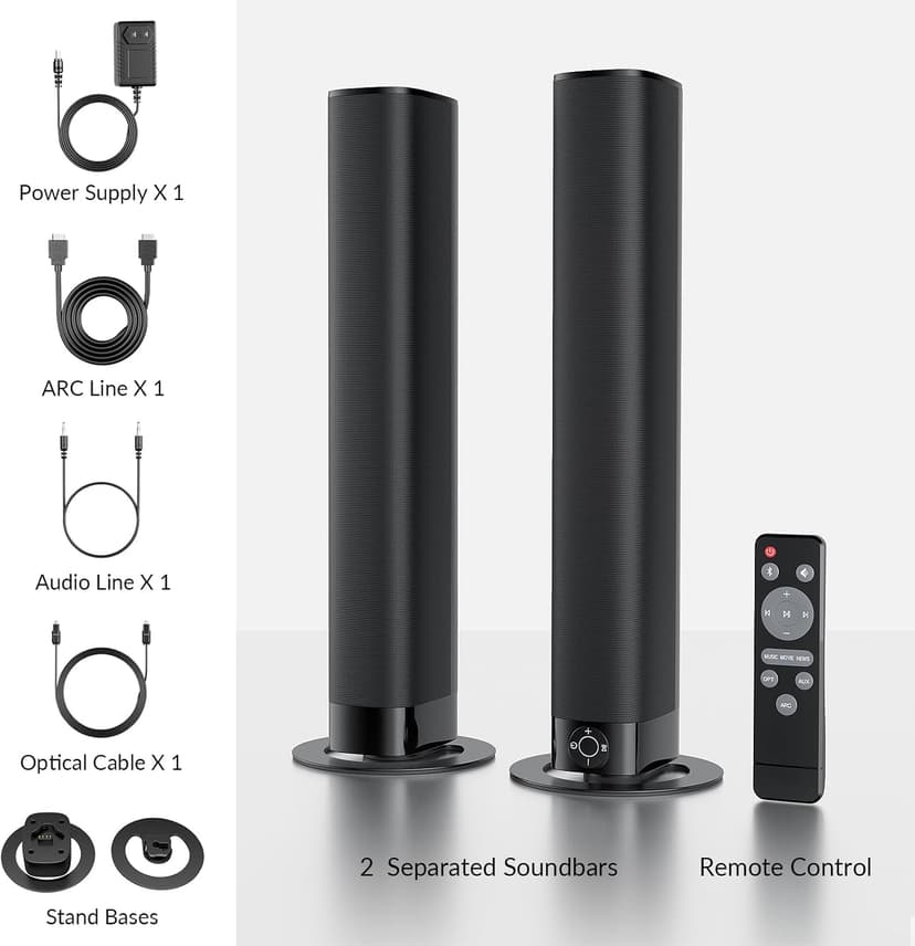 Sound Bar for Smart TV, Soundbar with Bluetooth/ARC/Opt/AUX Connect, Auto Volume Boost, 3 Equalizer Modes, 2 in 1 Detachable Soundbar for TV/PC/Gaming/Projectors