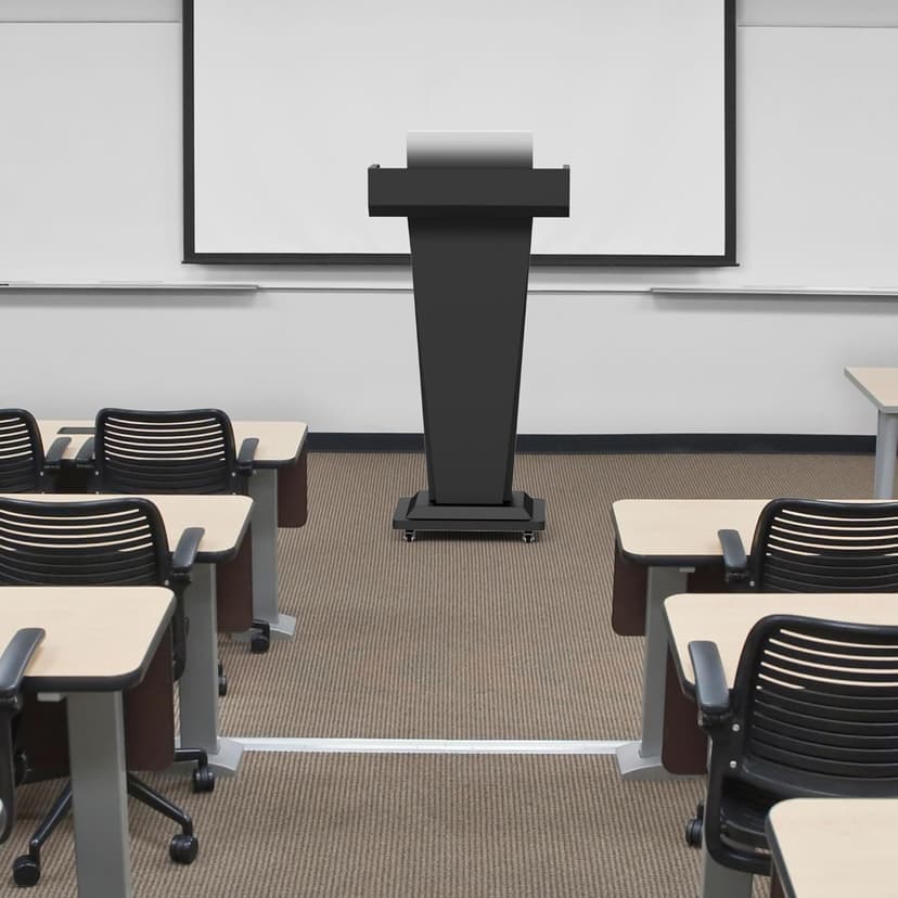 Heavy-Duty Black Metal Podium Stand with Lockable Wheels | Mobile Lectern with Storage Cabinet & Adjustable Height | for Conference Rooms, Churches, Classrooms & Events