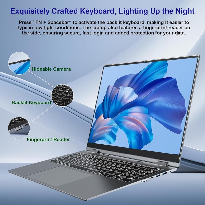 jumper Laptop 16 inch, Convertible Laptop with 1 Year Office 365, 16GB DDR4 640GB Storage, 360 Degree Rotation, Fingerprint Reader, Backlit Keyboard, Celeron N5095, 53.2WH, Type-C Full Function ﻿