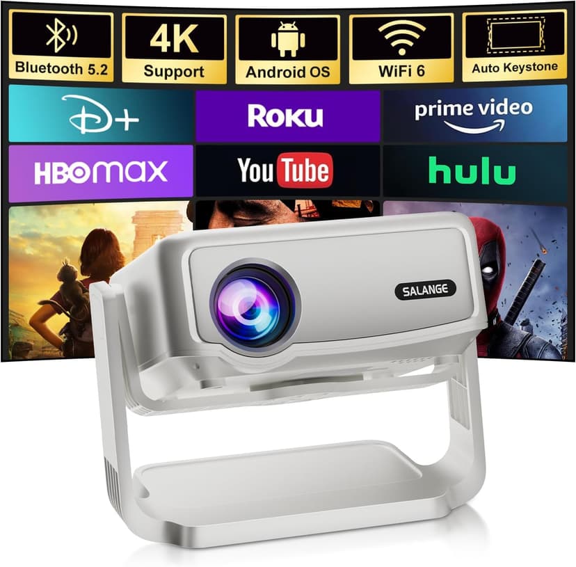 Smart Projector with Built in Apps - Electric Focus, Auto Keystone, Salange Android Projector 4k Wifi Bluetooth, 360° Ajustable Mini Protable Outdoor Movie Projectors, Compatible w iPhone, TV Stick