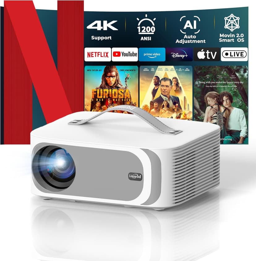 [AI Movin System & 1200 ANSI] Projector-4K with WiFi 6 and Bluetooth, 30W DoIby Audio Netflix-Licensed Projector, One-touch Focus Portable 1080P Outdoor-Projector, Lisowod Smart Proyector with HDR10+
