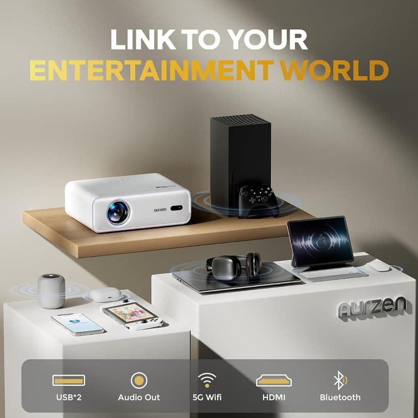 EAZZE D1 Smart Projector with WiFi and Bluetooth, Netflix-Officially-Licensed, Auto Focus & Keystone, DoIby Audio, Zoom, Native 1080P Movie, Portable Outdoor Mini Projector, White