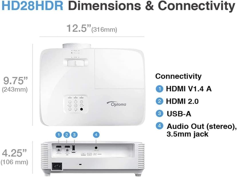 Optoma HD27HDR 1080p 4K HDR Ready Home Theater Projector for Gaming and Movies, 120Hz Support and HDMI 2.0, White