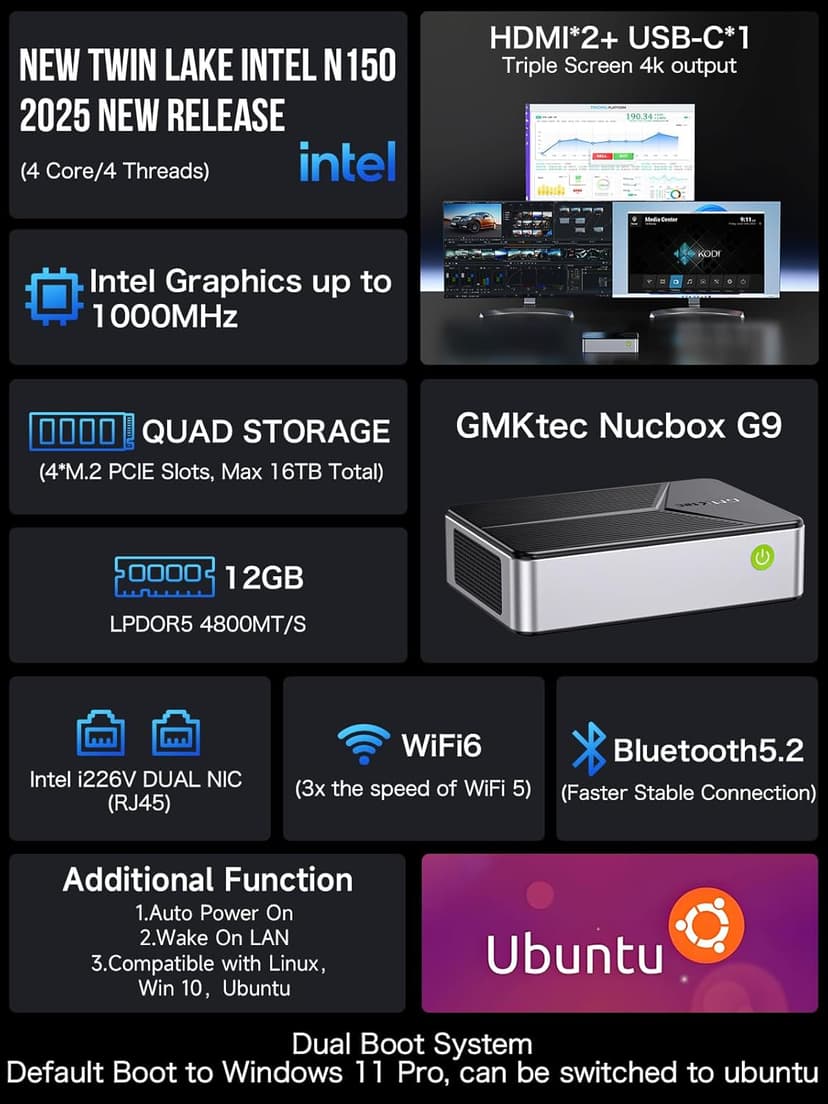 GMKtec G9 Plus Mini PC NAS, Intel N150 Dual Boot 11 Pro Linux Desktop Computer 12GB DDR5 64GB EMMC + 1TB M.2 SSD, 4*M.2 NVMe Slots, Dual NIC 2.5GbE, USB-C 10Gbps, Network Attached Storage