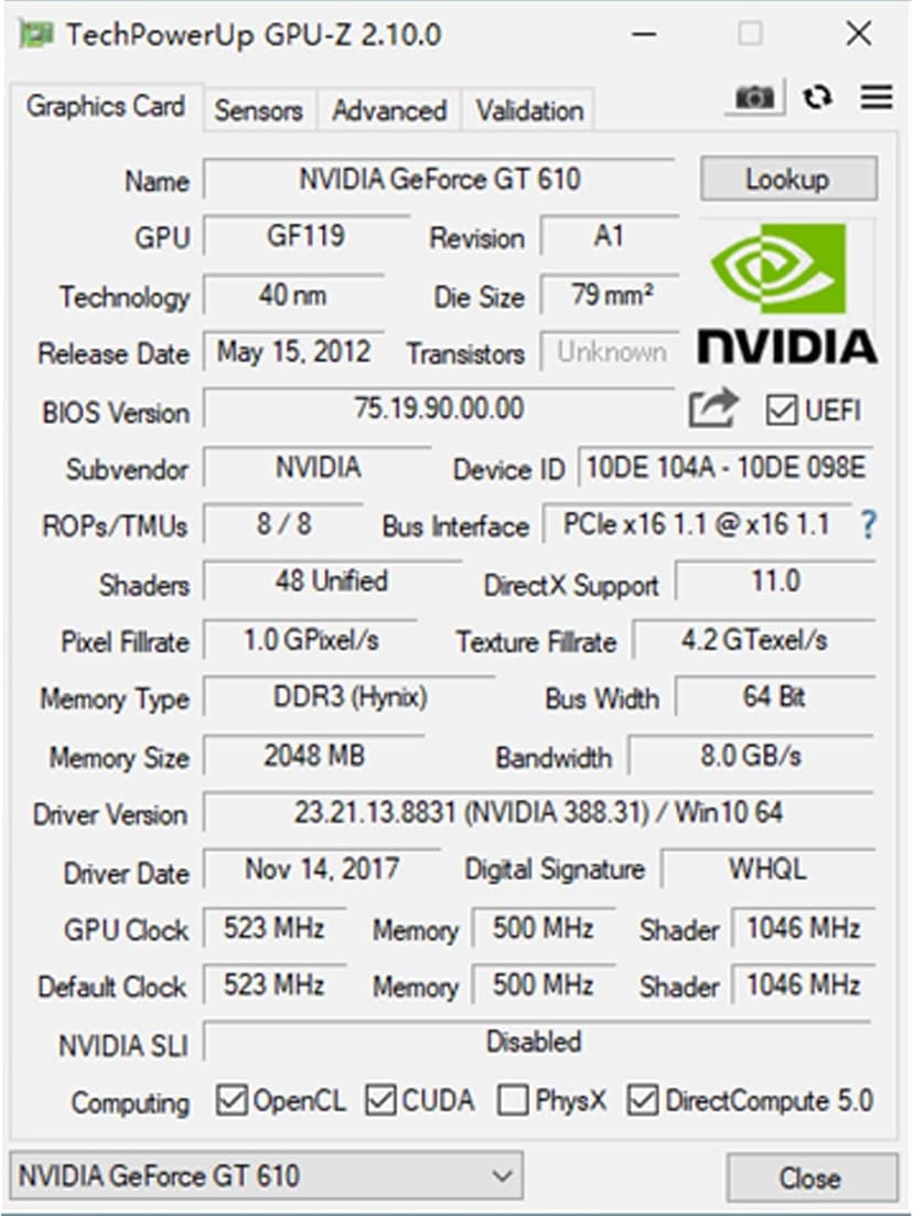 GeForce GT 610 2G DDR3 Low Profile Graphics Card, PCI Express 1.1 x16, HDMI/VGA, Entry Level GPU for PC, SFF and HTPC, Compatible with Win11