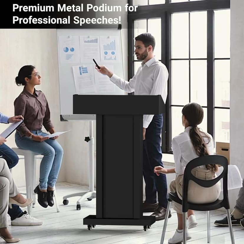 GARVIN Podium Stand with 4 Lockable Wheels, Heavy-Duty Metal Lecterns & Podiums with Hidden Storage, 46.5”H Portable Pulpit for Church, School, Office and Conference, Black