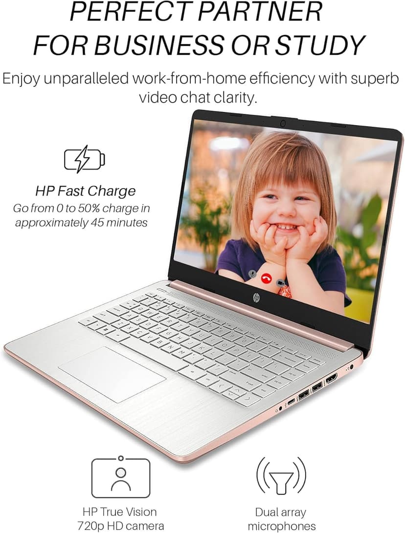 HP 14" Laptop for Student Business, Intel Quad-Core N4120, 8GB RAM + 384GB Storage (128GB eMMC+256GB MSD), Long Battery Life, Wi-Fi, HDMI, 1-Year Office 365 & Windows 11 S, Designed Mouse, Rose Gold