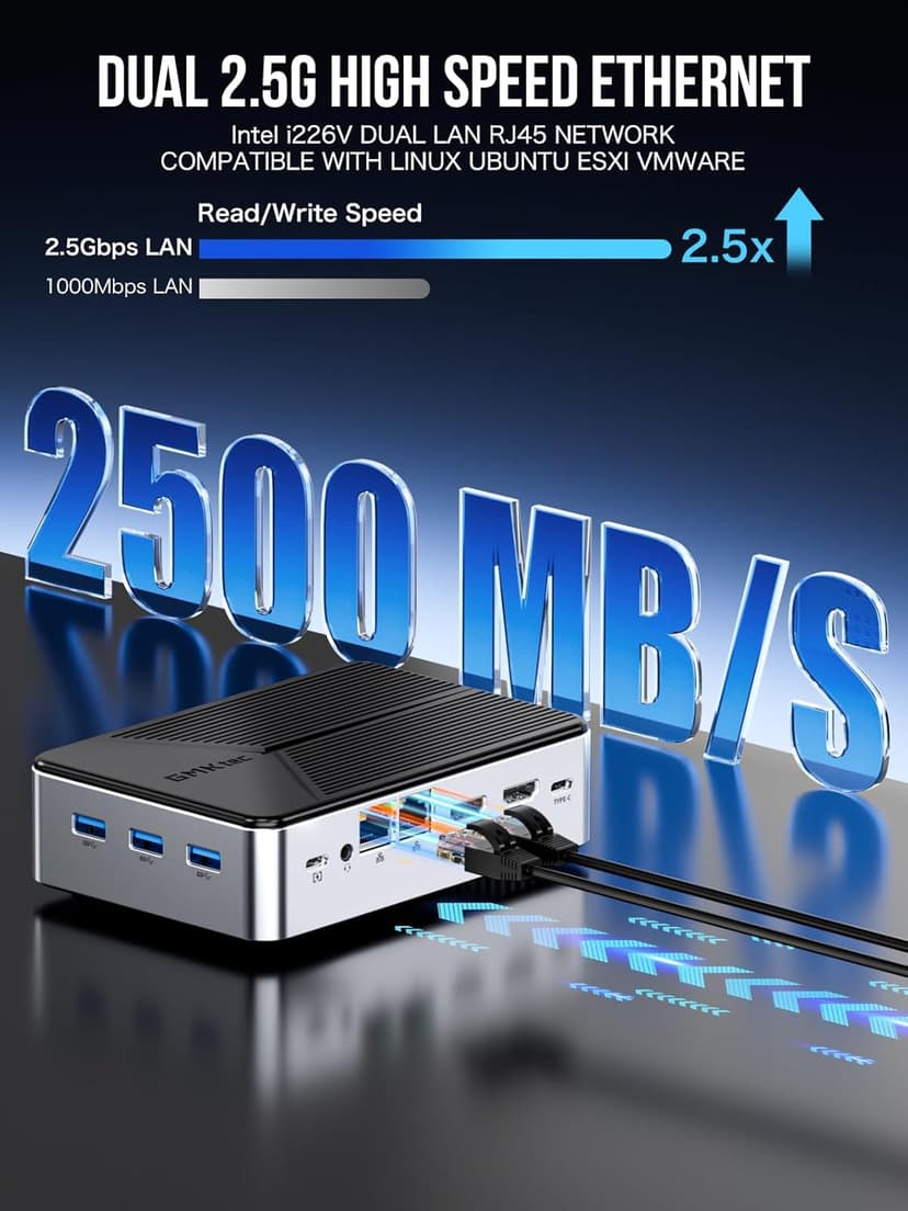 GMKtec Mini PC NAS, G9 Intel N150 Dual Boot Linux Desktop Computer 12GB DDR5 64GB EMMC M.2 SSD, 4*M.2 NVMe Slots, Dual NIC 2.5GbE, USB-C/USB 3.2 10Gbps, Network Attached Storage