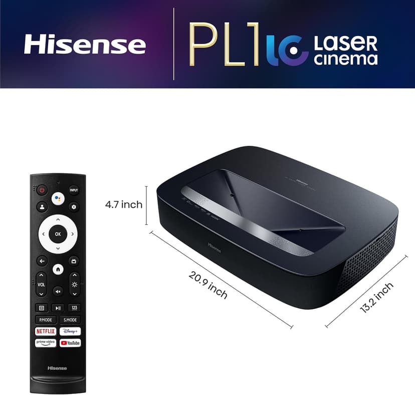 Hisense PL1 Ultra Short Throw Home Theater Smart Projector, 80"-120", 4K UHD, Dolby Vision & Atmos, HDR10, Google TV, Netflix, 2200 ANSI Lumens (Renewed)