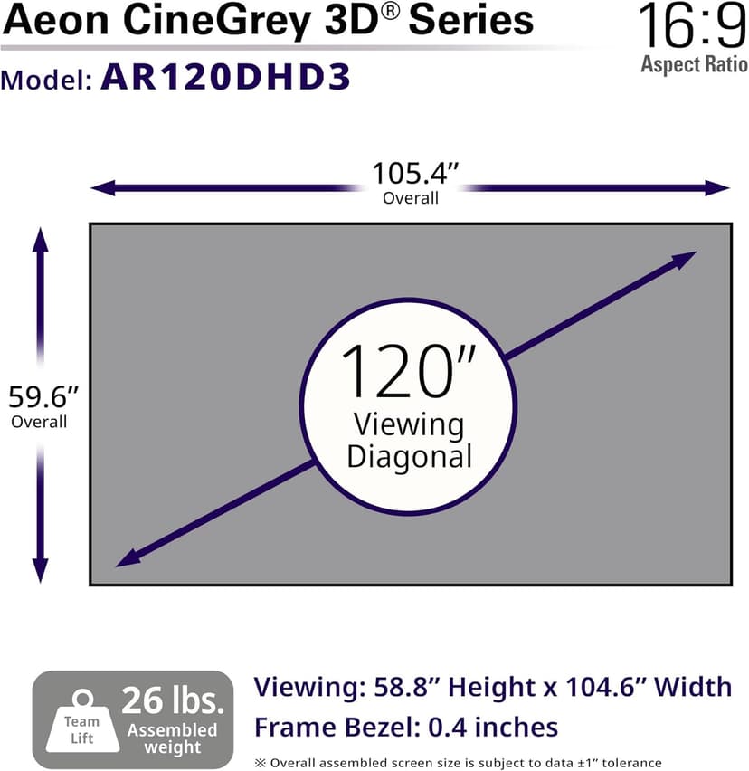 Elite Screens Aeon CineGrey 3D, 120" Fixed Frame CLR/ALR Projector Screen 16:9, Standard Throw Projection, Edge Free Ceiling & Ambient Light Rejecting, Wall-Mounted, for Movie Home Theater, AR120DHD3