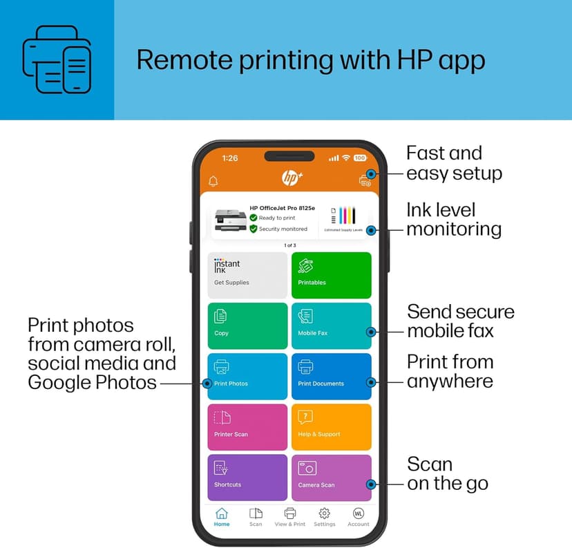 HP OfficeJet Pro 8125e Wireless All-in-One Color Inkjet Printer, Print, scan, Copy, ADF, Duplex Printing, Home & Office, 3 Months of Instant Ink Included (405T6A)