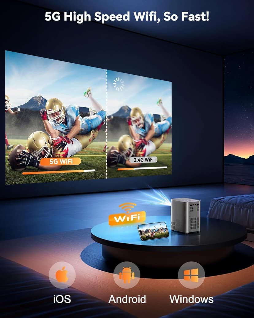 [One-Button Focus] Mini Projector with 5G WiFi and Bluetooth, 4K Outdoor Smart Projector with Carry Bag, Portable Movie Projector with Zoom, Home Theater Projector for Phone/TV Stick/PC