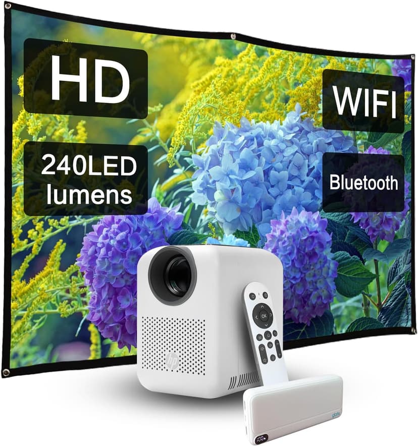 HP Projector CC180W Promo 3 in1, Portable HD Projector - outdoor projector and screen combo, USB-C Power Bank, short throw projector with wifi and bluetooth, Remote Control