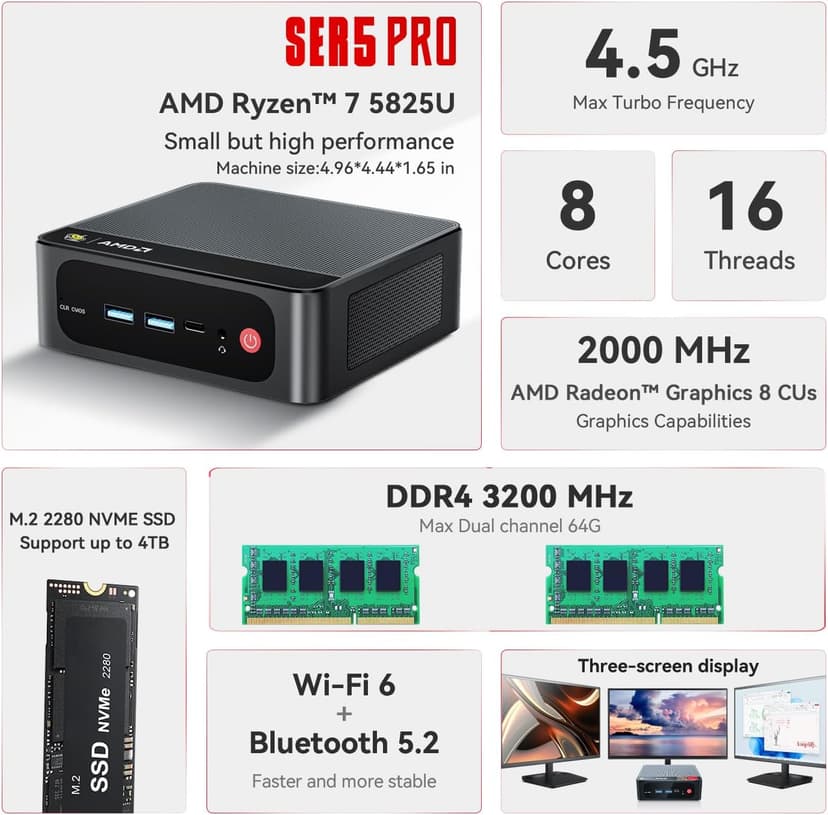 Beelink SER5 PRO Mini PC,AMD Ryzen 7 5825U(8C/16T,up to 4.5 GHz),Mini Computer 16GB DDR4 RAM 500GB M.2 SSD Graphics 8 core 2000 MHz Wifi6/BT5.2/HDMI+DP+Type-C,Support Triple-Screen Display
