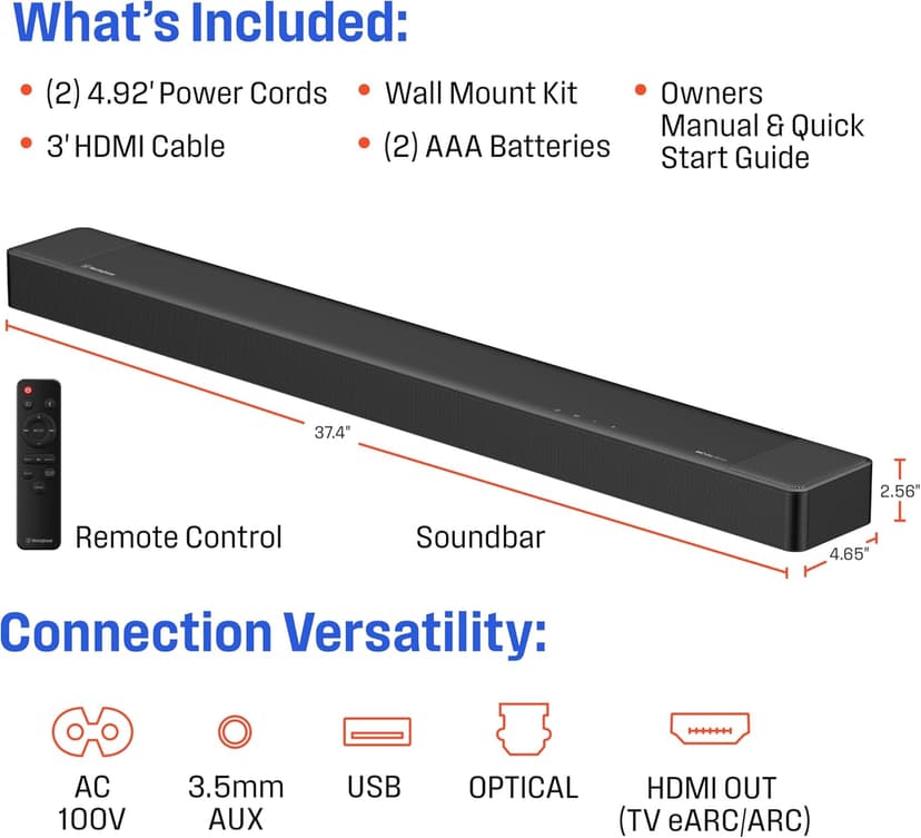 Westinghouse 3.1.2 Channel All-in-One Soundbar with Dolby Atmos and Digital Plus, Built-in Low Frequency Driver and Height Speakers, 210W Surround Sound, Bluetooth, Easy Setup, Roku TV Ready