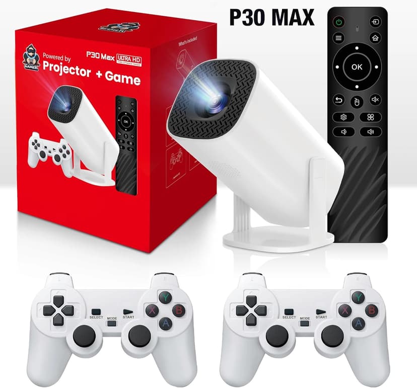 P30 max Projector and Game,1280*720P,Smart game projector built-in 35000 Games with 2 Wireless Controllers,Portable Mini Video Projector with 5G Wifi&Bluetooth, 4K,2.4G Receiver,Home,Office (128G)