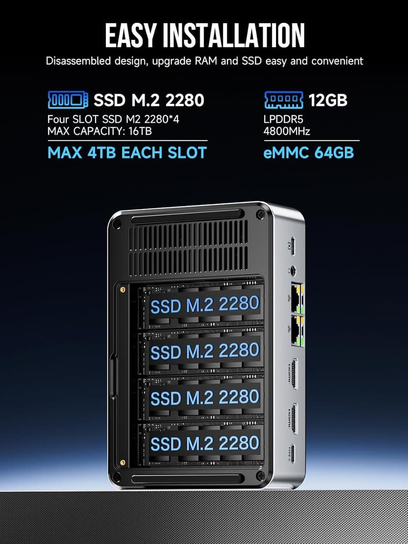 GMKtec Mini PC NAS, G9 Intel N150 Dual Boot Linux Desktop Computer 12GB DDR5 64GB EMMC M.2 SSD, 4*M.2 NVMe Slots, Dual NIC 2.5GbE, USB-C/USB 3.2 10Gbps, Network Attached Storage
