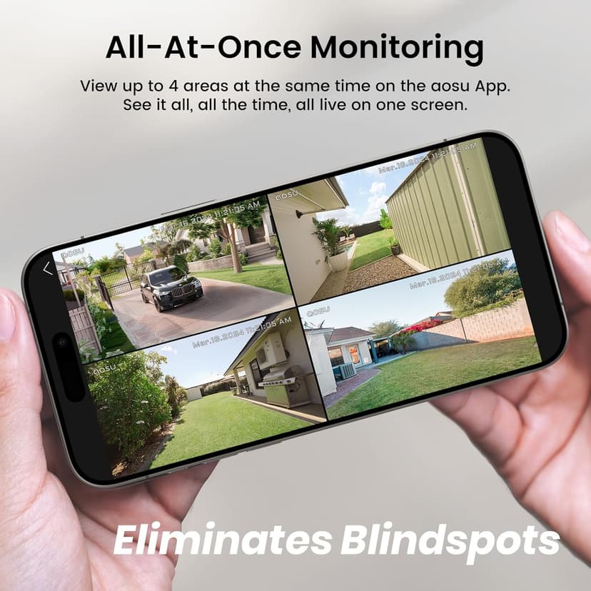 AOSU Solar Security Cameras Wireless Outdoor, 2K QHD Home Security System, 4-Cam Kit with 166° Ultra-Wide View, Cam-to-Cam Sync, 32GB Homebase Local Storage, Color Night Vision, No Monthly Fee