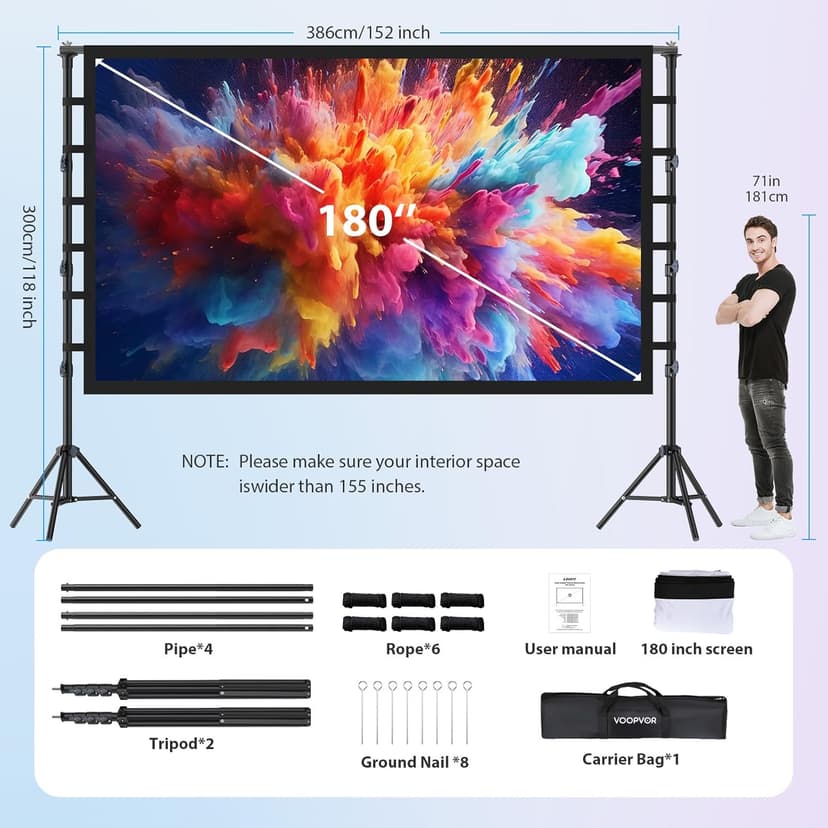 Outdoor Projector Screen with Stand 180 Inch: VOOPVOR Portable Projection Screen and Stand, Indoor Rear Front Movie Screen 16:9 4K HD, with Carry Bag,Support Height Adjustable for Home Theater Camping