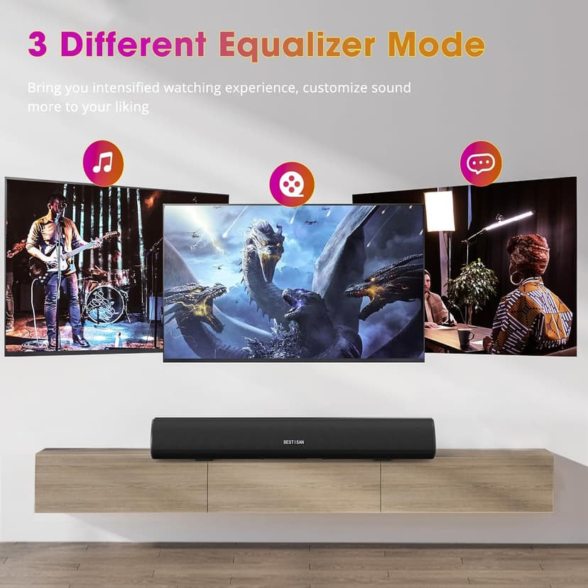 BESTISAN Soundbar, TV Sound Bar with Wired HDMI and Wireless Bluetooth 5.0 Home Theater System (28 Inch, Enhanced Bass Technology, 3-Inch Drivers, Bass Adjustable, Wall Mountable, DSP)