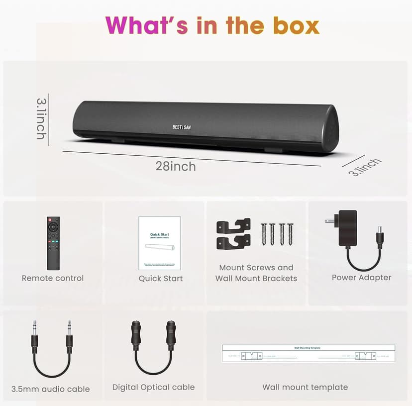 BESTISAN Soundbar, TV Sound Bar with Wired HDMI and Wireless Bluetooth 5.0 Home Theater System (28 Inch, Enhanced Bass Technology, 3-Inch Drivers, Bass Adjustable, Wall Mountable, DSP)
