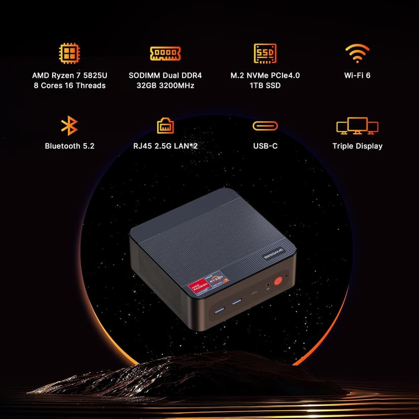 P4 Mini PC Desktop Computers, AMD Ryzen 7 5825U (up to 4.5GHz), 32GB DDR4, 1TB PCIe SSD, Dual LAN 2.5G & Wi-Fi 6E & BT5.2, 4K Triple Display, Compact Silent PC for Gaming, Office, Design