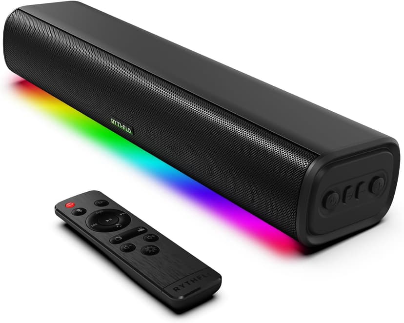 Sound Bars for TV 16-inch, Cinematic Soundbar for TV with Impactful Bass, Dynamic Lights and Remote Control, Wall Mountable, Bluetooth TV Sound Bar Speakers with Bluetooth/Optical/AUX Connection