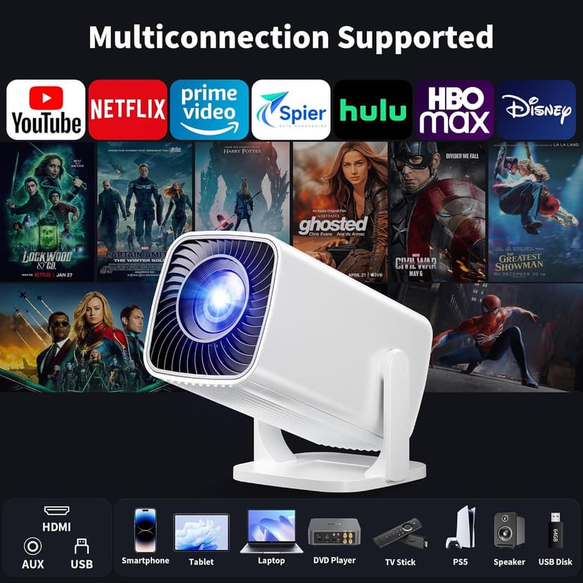 Mini Projector, Portable Projector 4K Support, Full HD 1080P Outdoor Projector, 270° Rotation Movie Projector, Max 200" Screen, Compatible with Smartphone, TV Stick, Laptop, PS4, HDMI, USB