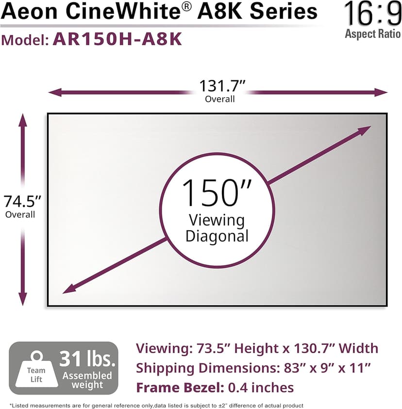 Elite Screens Aeon CineWhite A8K, 150" Diag, 16:9 Aspect Ratio, ISF Certified 8K Ultra HD Home Theater Fixed Frame Edge Free Projection Sound Transparent Perforated Weaved Screen, AR150H-A8K