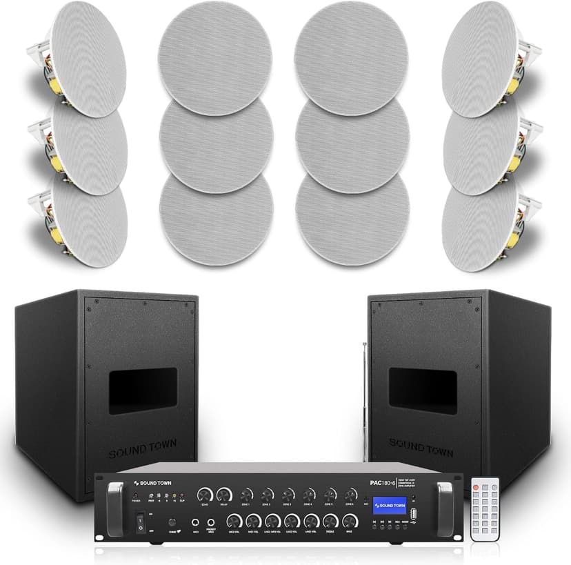 Sound Town Commercial Restaurant Audio Set, with One 6-Zone 70V/100V Amplifier with Bluetooth, 12 x Two-Way 6.5-Inch in-Ceiling Speakers, Two Dual 8-Inch Subwoofers (P18X12C6N2S28)