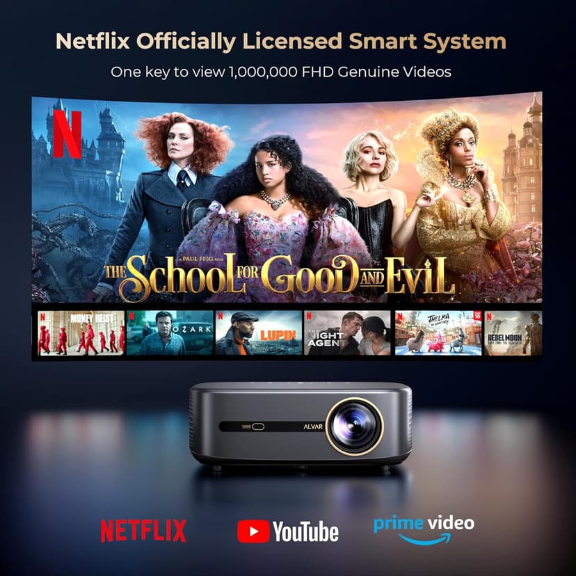 [1000 ANSI & Audio by DBX-TV] Alvar 4K Projector with WiFi 6 and Bluetooth, 30W Speakers, Netflix Certified & DoIby Audio Outdoor Proyector, Auto Focus Native 1080P Smart Projector, Black