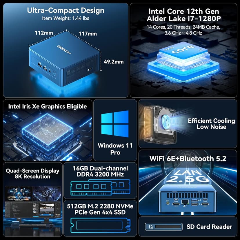 GEEKOM Mini PC IT12(3-Year Quality Support),with 12th Gen Intel i7-1280P NUC12 Mini Computers,16GB RAM/512GB NVMe PCIe Gen 4 SSD Windows 11 Pro Desktop PC,USB 4.0/2.5G LAN/8K,for Business|Office|Home