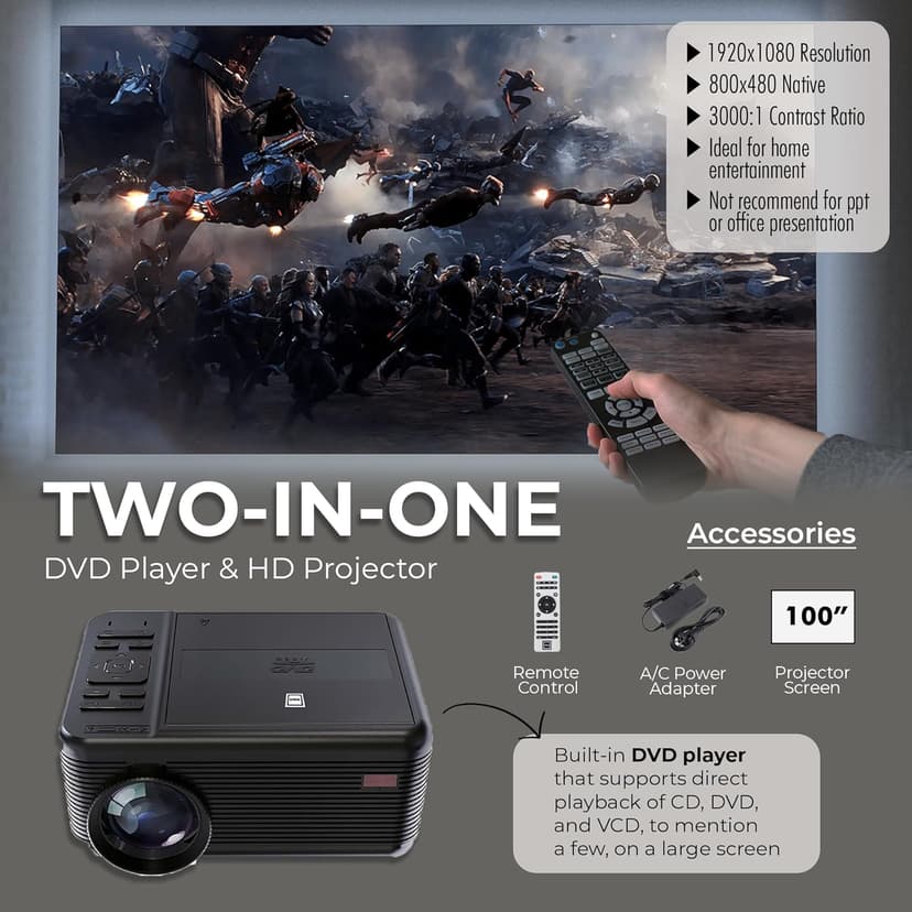 RCA DVD PROJECTOR WITH SPEAKER BUILT IN - Mini Portable Projector with Bluetooth - Indoor/Outdoor Projector and Screen Package - HDMI/AV/VGA/Micro SD Compatible - Quiet Fan System - 1920x1080 Res