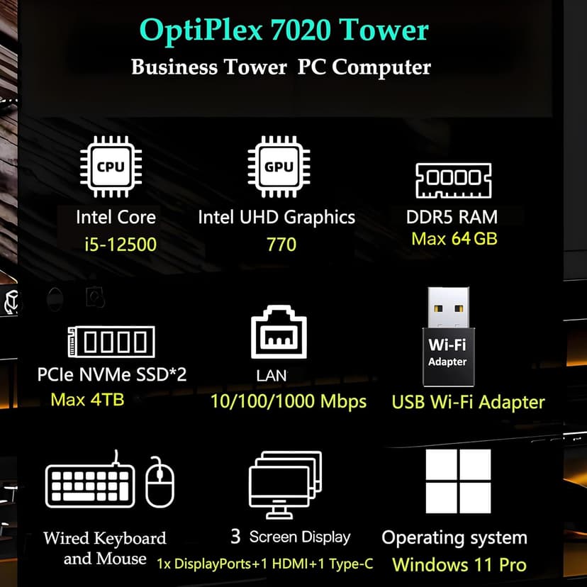 Dell OptiPlex 7020 Desktop Computers, 7000 Tower PC, Intel 6-Core i5-12500 (Beat i7-11700), 32GB DDR5 RAM, 1TB PCIe SSD, DVDRW, WiFi Adapter, RJ-45, HDMI, DisplayPort, KB and Mouse, Windows 11 Pro