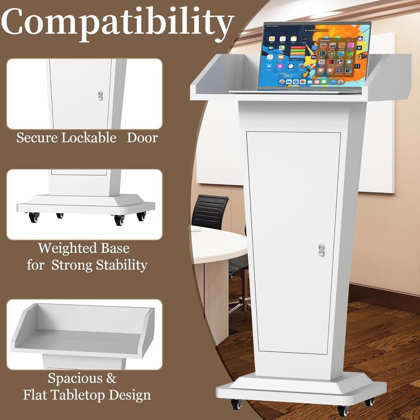 Heavy-Duty Black Metal Podium Stand with Lockable Wheels | Mobile Lectern with Storage Cabinet & Adjustable Height | for Conference Rooms, Churches, Classrooms & Events