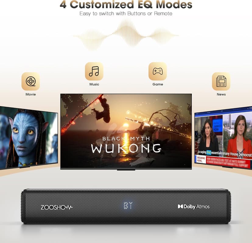 2.1CH Dolby Atmos Soundbar 100W Sound Bars for Smart TV Subwoofer Included Bluetooth 5.3 with HDMI-EARC/Optical/AUX Connection Game Mode Surround Home Theater Audio for TV