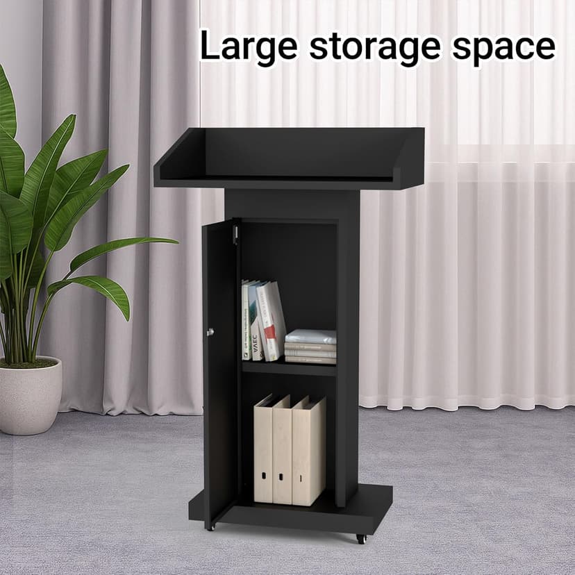 GARVIN Podium Stand with 4 Lockable Wheels, Heavy-Duty Metal Lecterns & Podiums with Hidden Storage, 46.5”H Portable Pulpit for Church, School, Office and Conference, Black