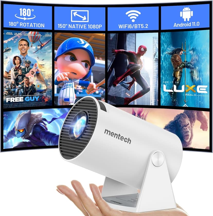Mini Projector With WiFi and Bluetooth, 180 Rotatable Portable, 150" Smart With Android TV 11.0, 1080P Support 4K Decoding, 2.4G/5G WiFi6, Auto Keystone for Home Theater, White